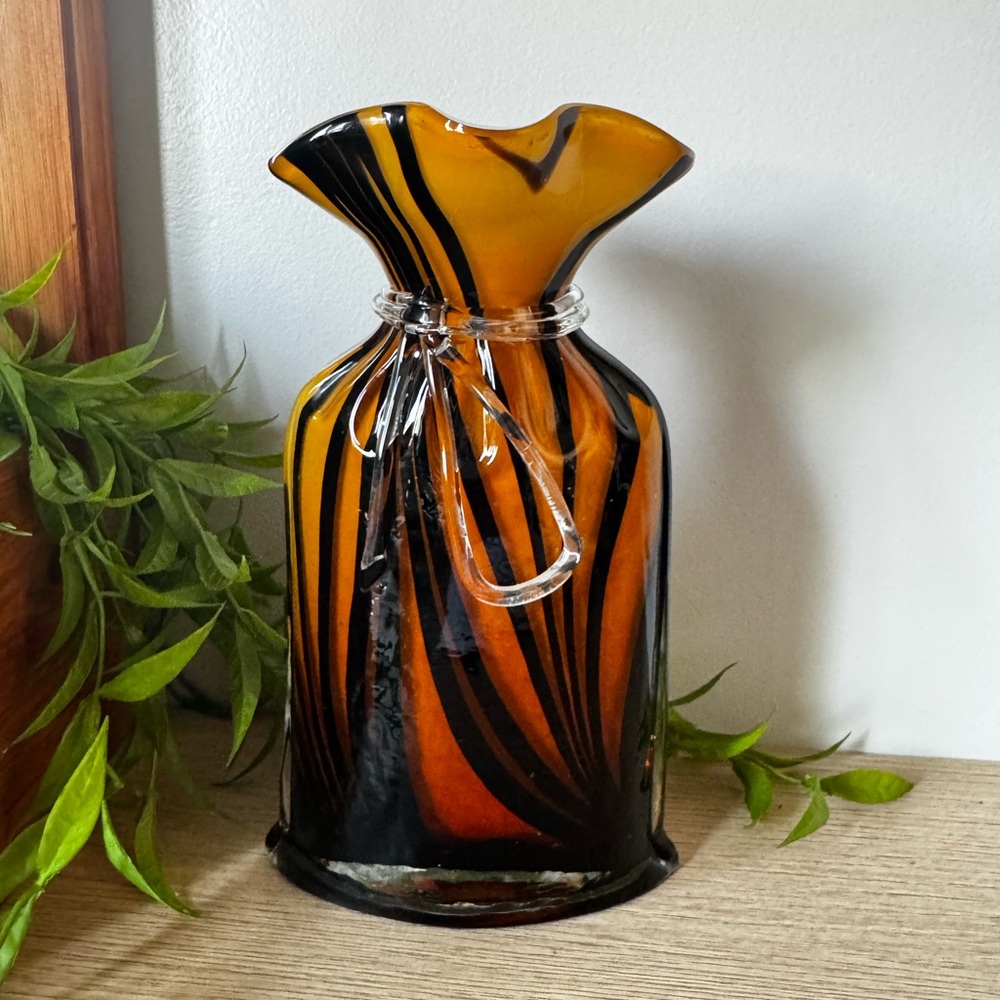 Elegant Orange and Black Blown Glass Vase